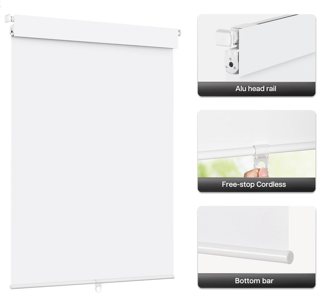 No Drill Blackout Roller Shades, White | 2-Minute Ultra-Fast Installation, Cordless Design, Thermal Insulated Fabric