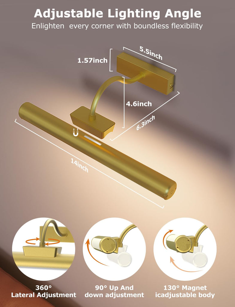 13" Wireless Picture Lights for Wall, Rechargeable Art Light, 2Pack Gold