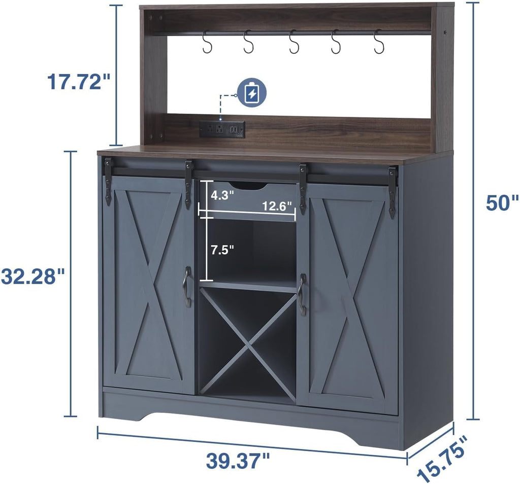 Farmhouse Coffee Bar Cabinet with Charging Station and USB, Blue | 39" Kitchen Hutch Sideboard Buffet with Sliding