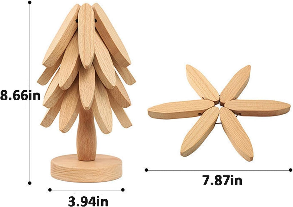 Natural Tree Trivet Set, 3/4/5 Wooden Trivets & 1 Stand Like a Christmas Tree, for Hot Pots and Dishes & Cup (Walnut