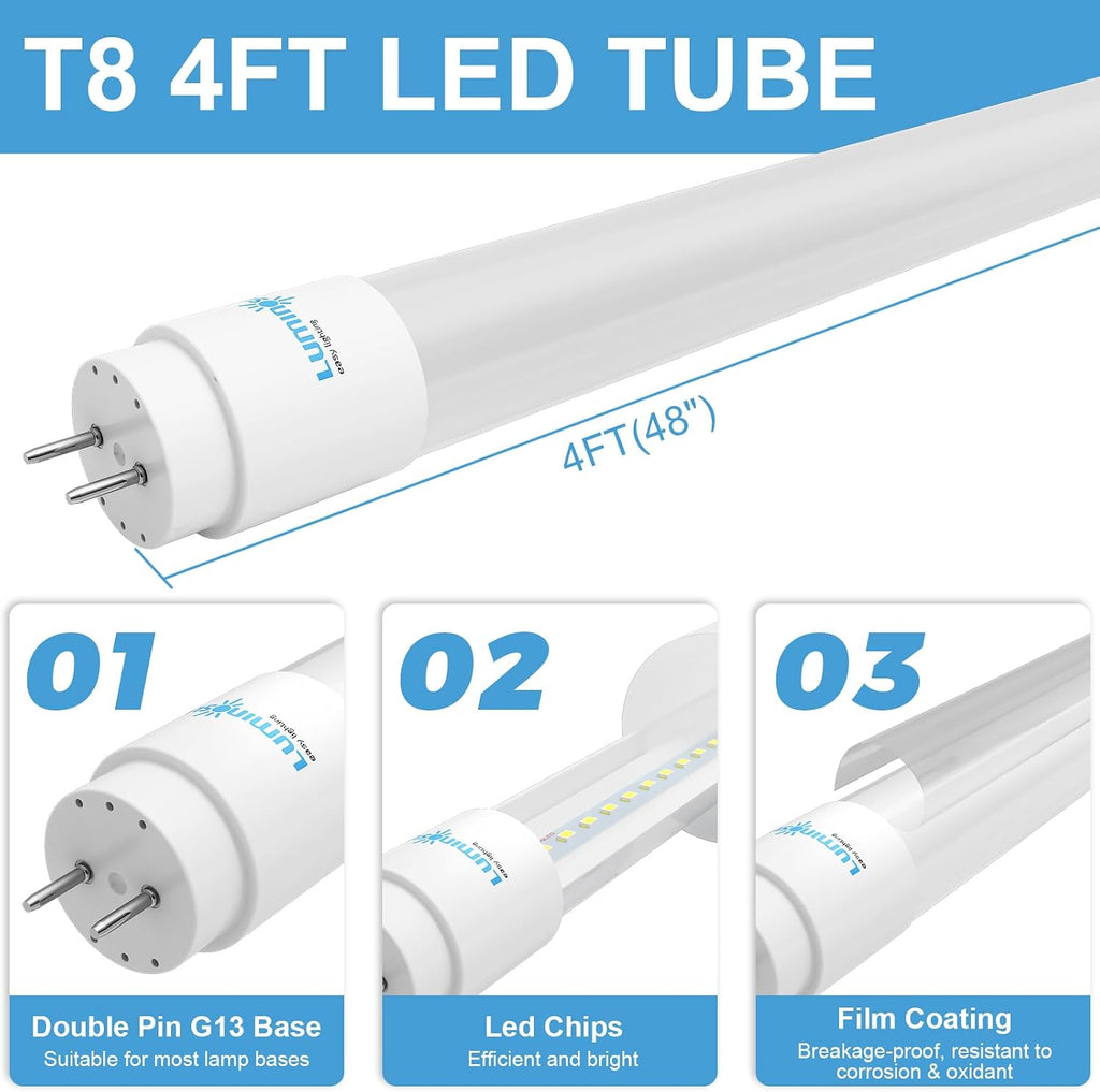 T8 LED Bulbs 4 Foot 18W, Film Coating Glass Tube, 5000K 10 Pack