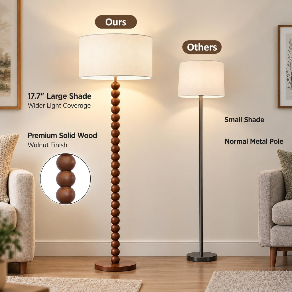 60.6 Inch Beaded Walnut Wood Floor Lamp with Linen Shade, Cream