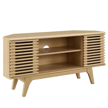 Render Mid-Century Modern Low Profile 46" Corner Media TV Stand in Oak, 15 x 46 x 23