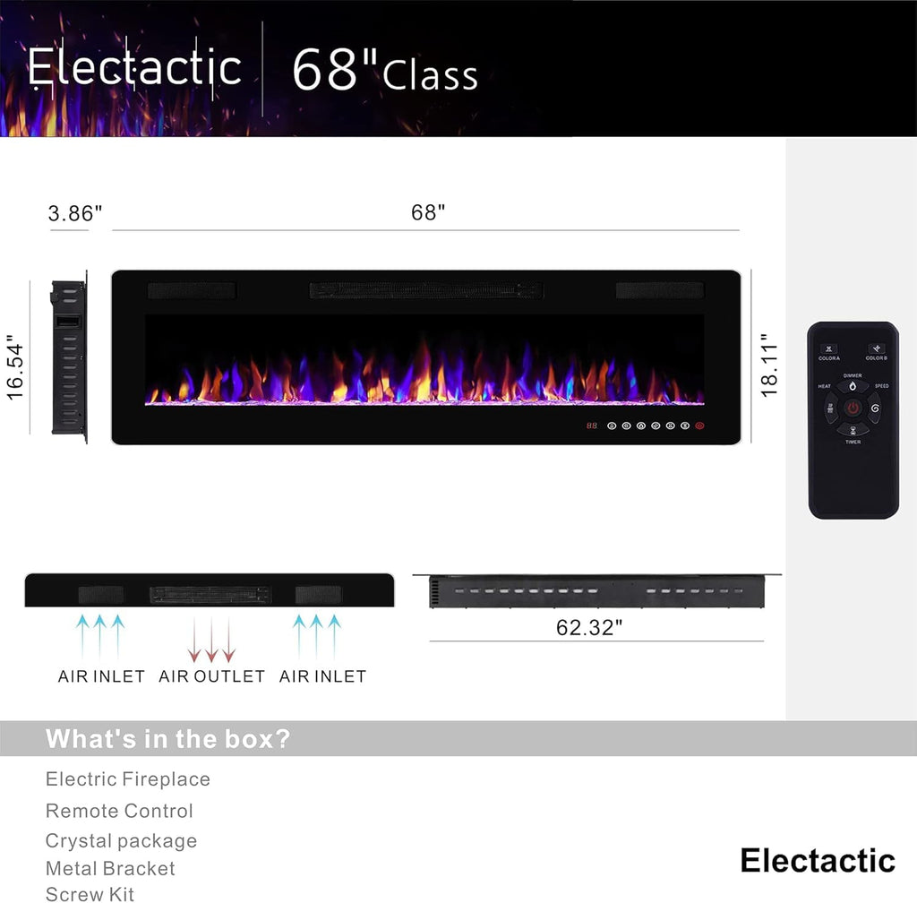 68 Inch Electric Fireplace Insert Ultra-Thin - Recessed & Wall-Mounted Fireplace Heater with Thermostat, Adjustable