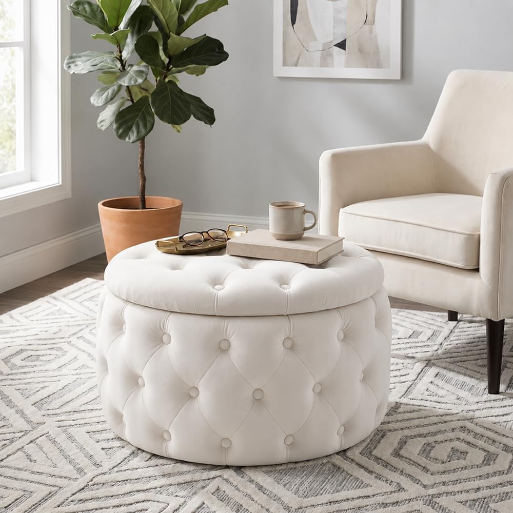 Oval Storage Ottoman with Button-Tufted Diamond Stitch, Upholstered Storage Bench with Lift Top, Multifunctional