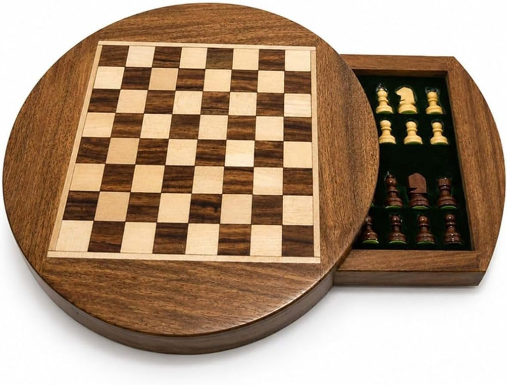 Decorative Round Wooden Chess Set with Drawer | Classic Strategy Game for Adults | Compact Tabletop Design | Vintage