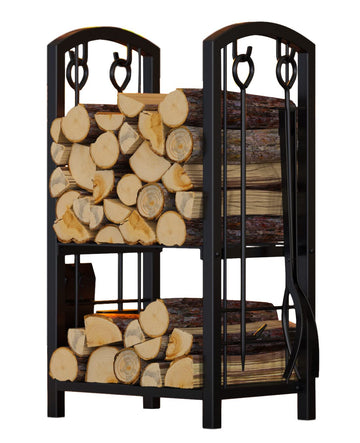 Firewood Rack Log Holder Wood Storage with 4 Fireplace Tool Set