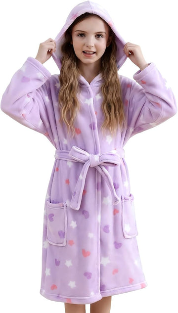 Girls Fleece Hooded Robe, Soft Unicorn Bathrobe for Kids