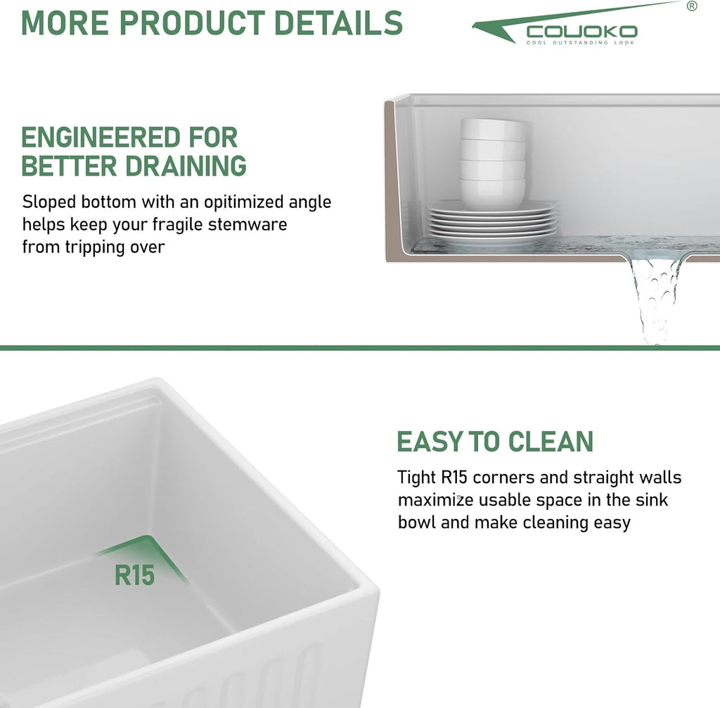 33" White Fireclay Farmhouse Sink Workstation | Reversible Apron Front, Single Bowl, Engineered with Sloped Bottom