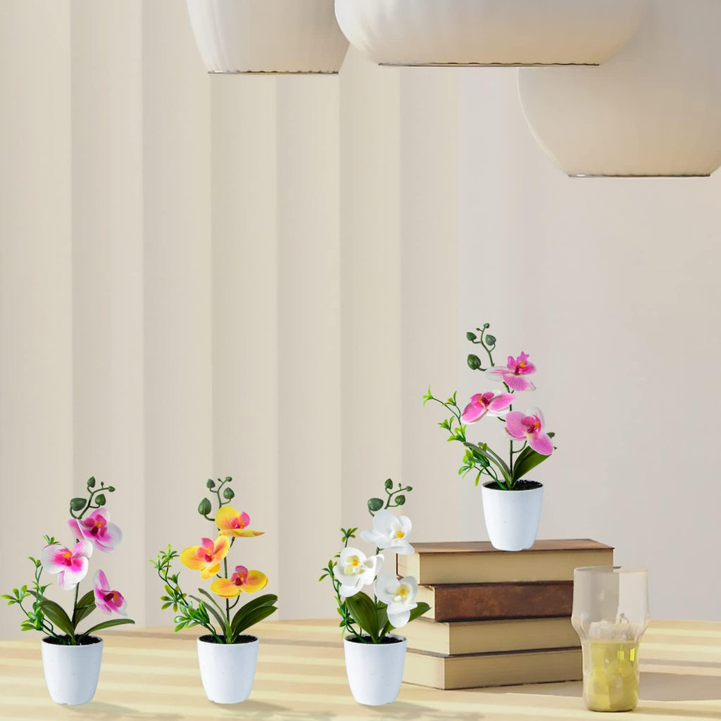 Artificial Orchid Flowers Mini Potted Orchid Flowers Fake Orchids with Plastic Vase Wedding Table Centerpiece - Set of 4