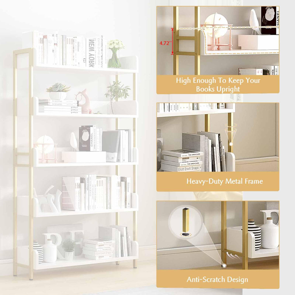 Wide Open Shelf Bookcase, 4-Tier, White with Gold Frame