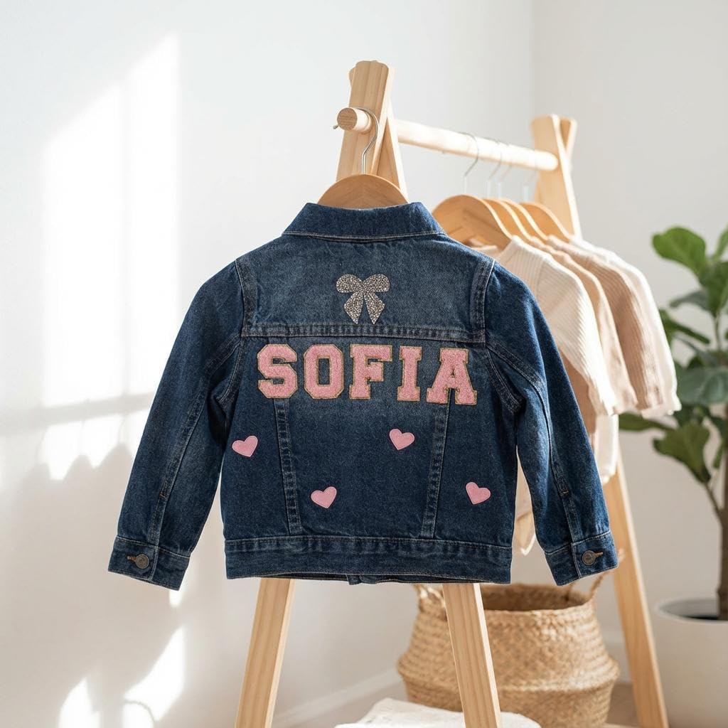 Personalized Denim Jacket for Girls with Name, Custom Toddler Kids Jean Jacket with Chenille Patches, Back to School