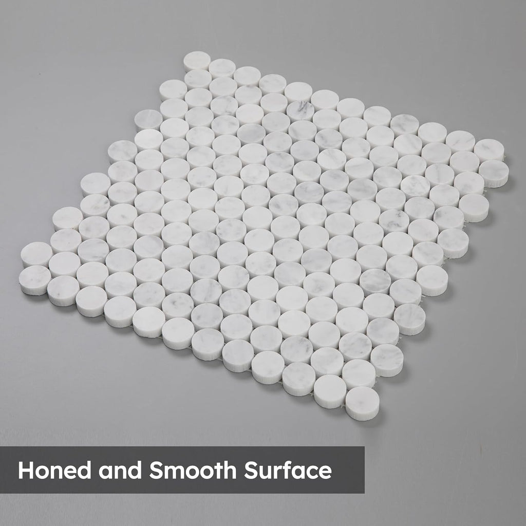 Carrara White Marble Mosaic Tile,1 Inch Penny Round, Honed, 5 Sheets | Natural Bianco Carrera, Marble Stone