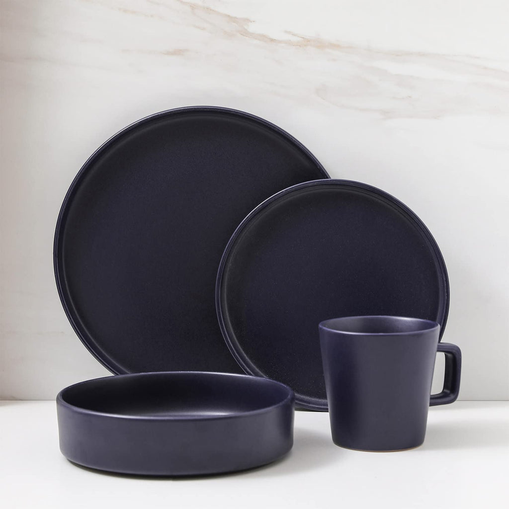 Lain Cleo Modern Stoneware 16-Piece Dinnerware Set, Plates and Bowls Set, Dish Set Service For 4, Dark Blue
