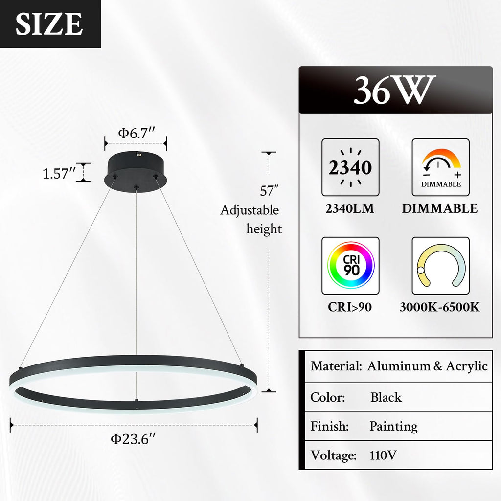 Modern LED Pendant Lighting Ring Chandelier Black Dimmable LED Chandelier 36W Adjustable Pendant Light Fixture