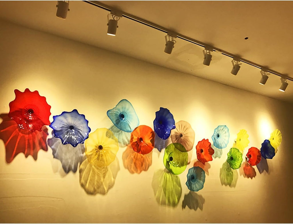 12 Inch Yellow Hand Blown Glass Wall Art Decor Unique Blown Glass Wall Plates with Wood Stand Transparent and Easy