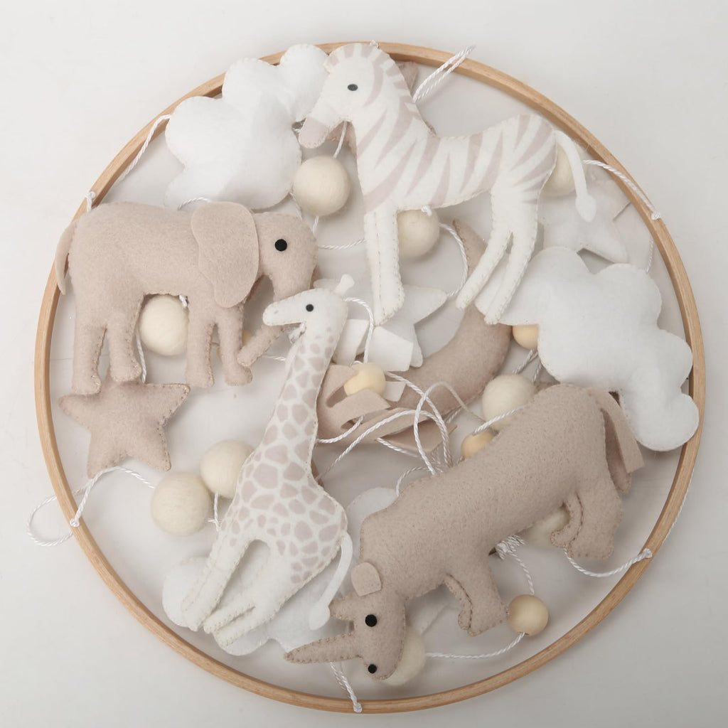 Safari Nursery Mobile Decoration, Neutral Felt Hanging Decor with Elephant, Giraffe, Zebra & Rhino, Boho Baby Room