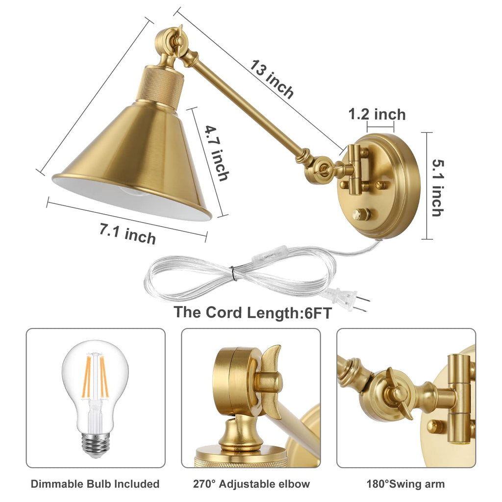 Wall Sconce Plug in, Dimmable Wall Sconce Brushed Brass Swing Arm Wall Lights with Plug in Cord and Dimmer On/Off