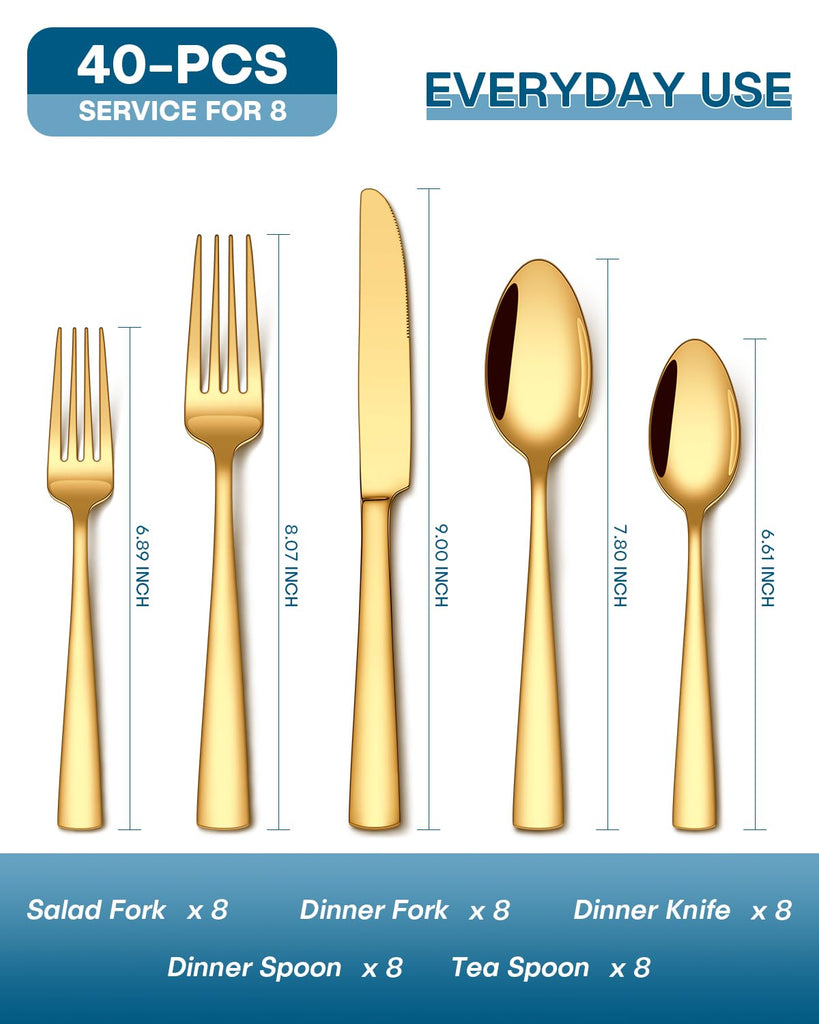 40 Pcs Gold Silverware Set, Food-Grade Stainless Steel Flatware Sets for 8 Mirror Polished Cutlery Utensil Sets