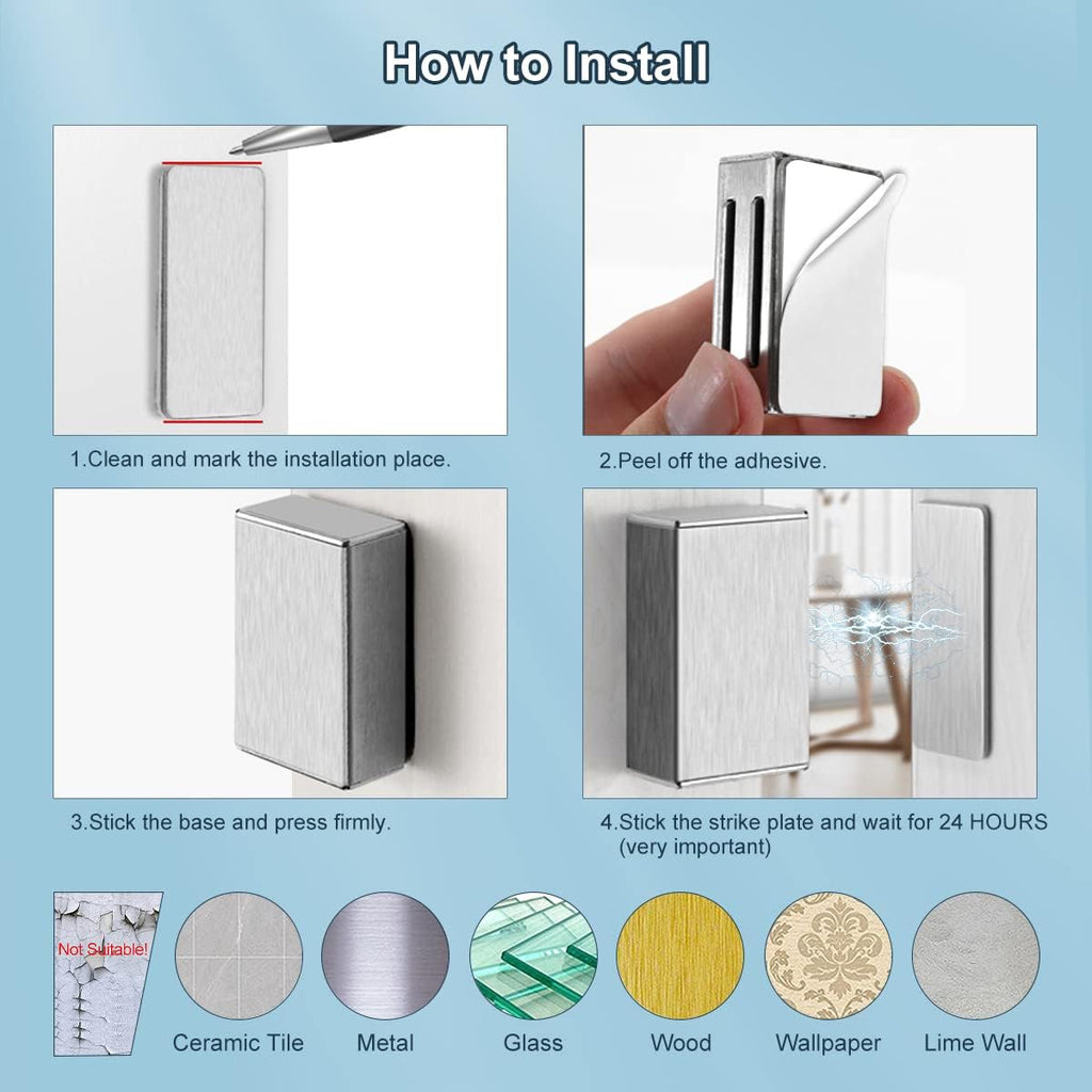 No Drill Adhesive Magnetic Door Catch - 17lb Holding Force, Cabinet Magnets & Drawer Closure, Self-Stick Stainless