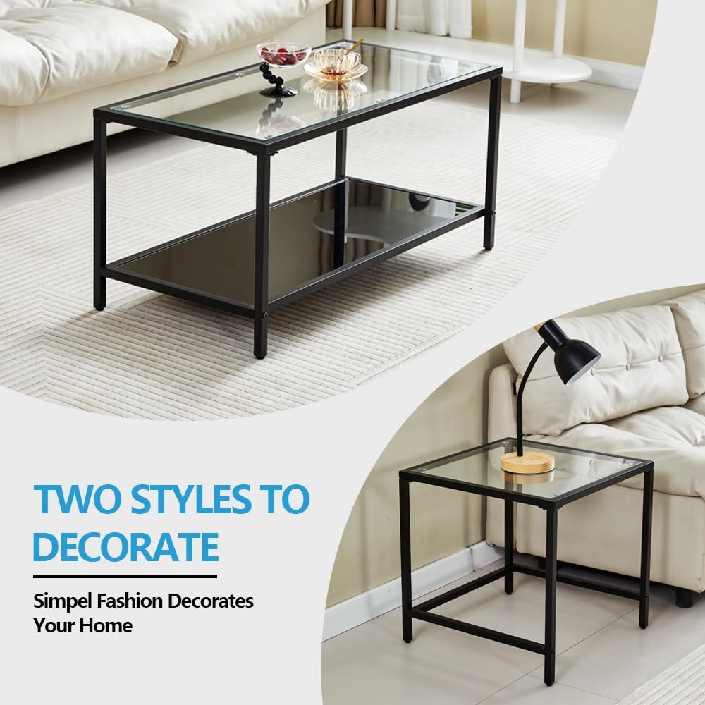 Coffee Nesting Set of 2, Center Coffee Set with Tempered Glass, Modern Side Tables and Nightstand, Black