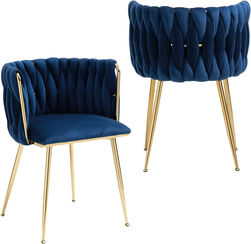 Woven Velvet Dining Chairs Set of 2, Upholstered Velvet Dining Chairs with Gold Metal Legs, Modern Style, Blue