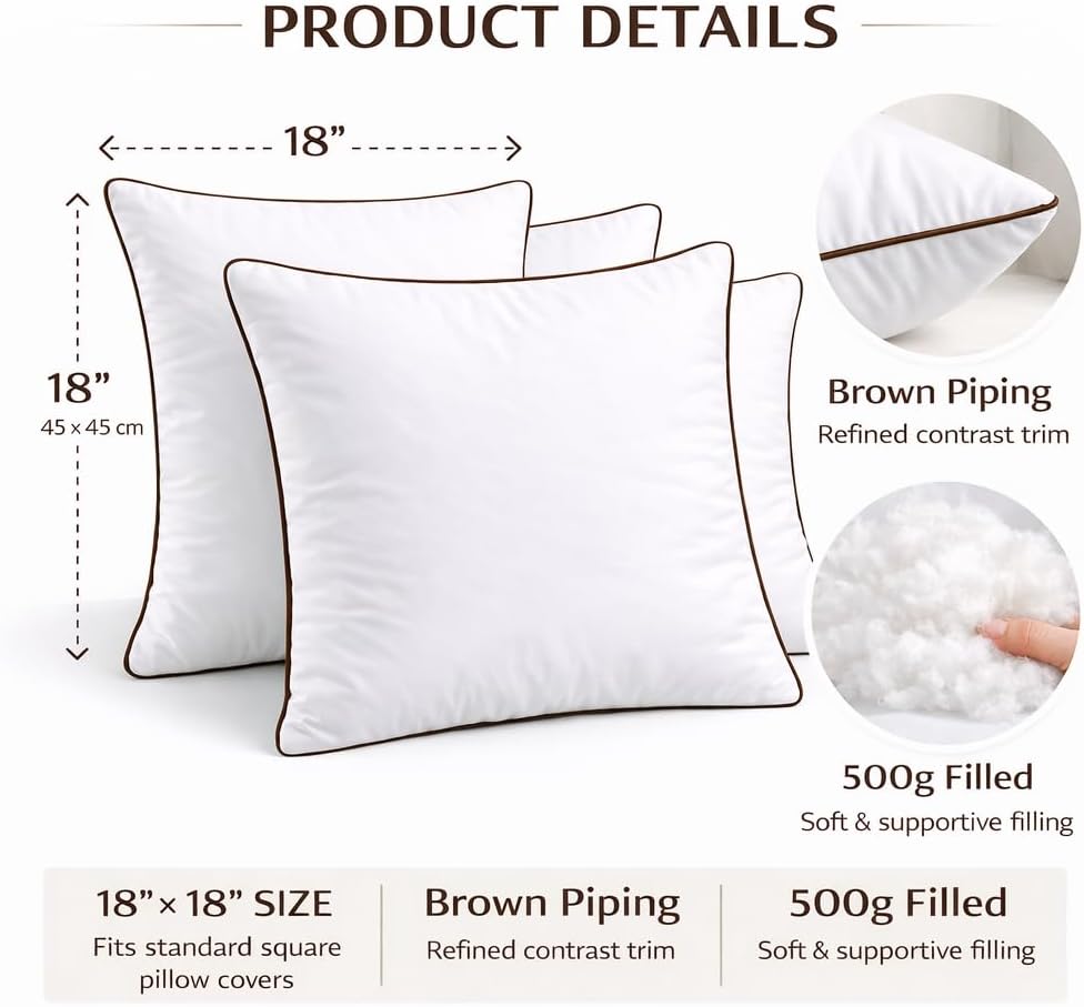 18 x 18 Inch Throw Pillow Inserts - Square White Cushion Forms with Brown Piping, 500g Filled for Decorative - Set of 6