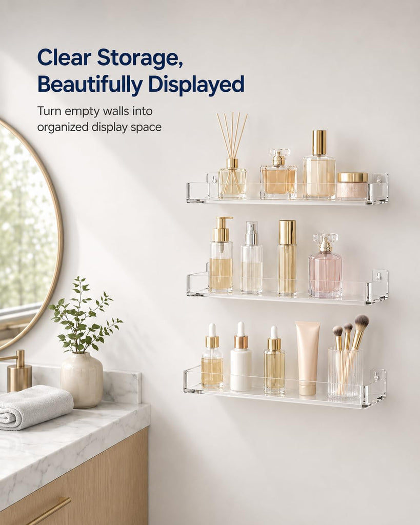 Acrylic Floating Shelves, Clear Perfume Shelf for Wall, Set of 3