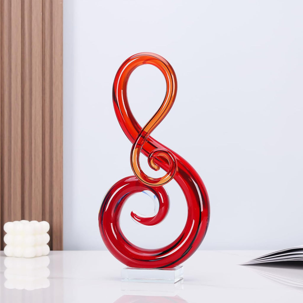 13" H Large Glass Sculpture Red Hand Blown s Art Music Decor, Modern Red Glasses Decor Crystals Statue