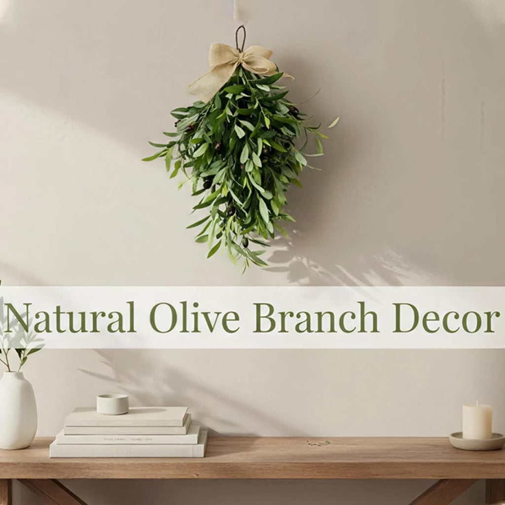 Premium 24" Artificial Olive Branch Teardrop Swag - Realistic Faux Greenery Wreath for Front Door, Wall, Home &