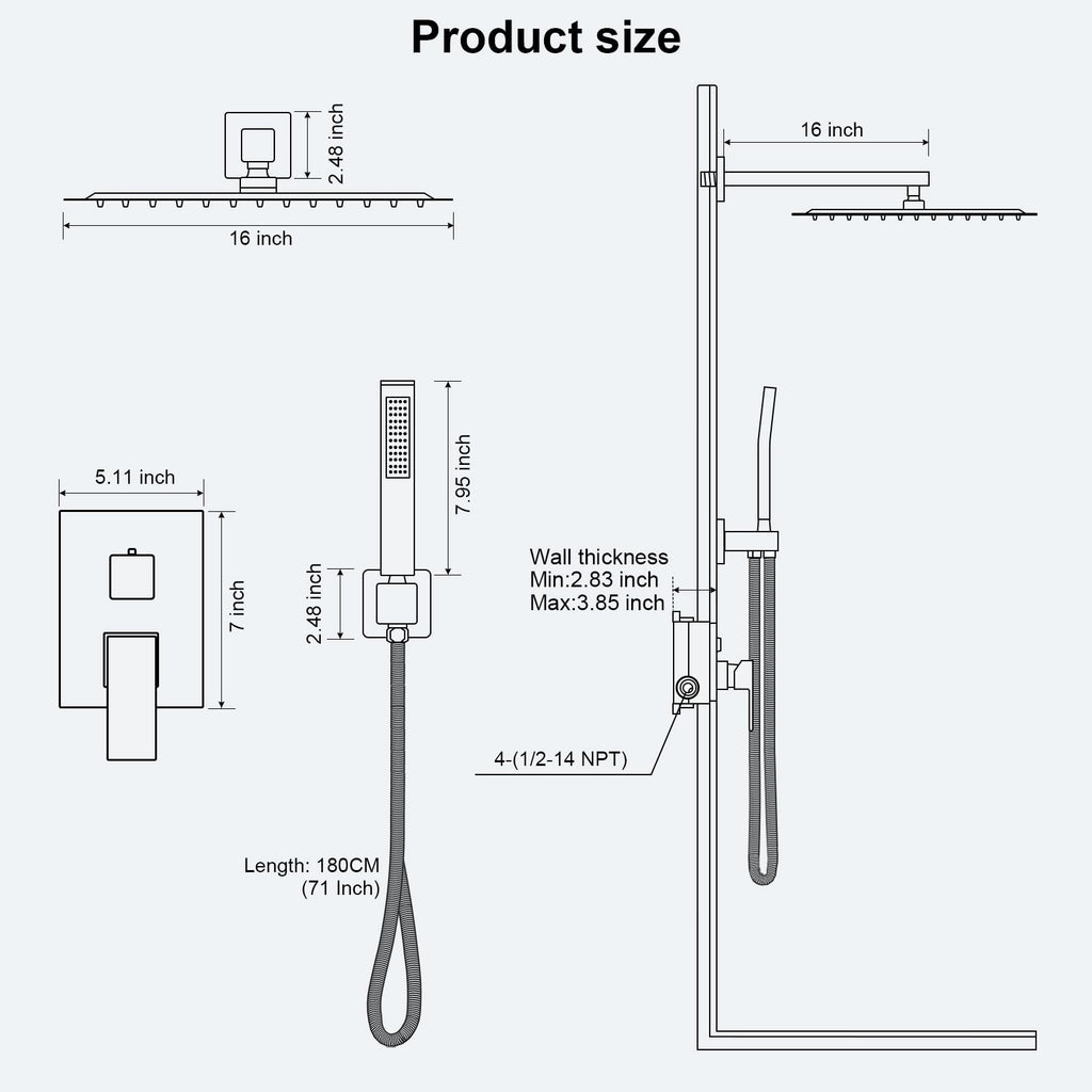 Shower Faucet Set with 16 Inch Matte Black Rain Shower Head