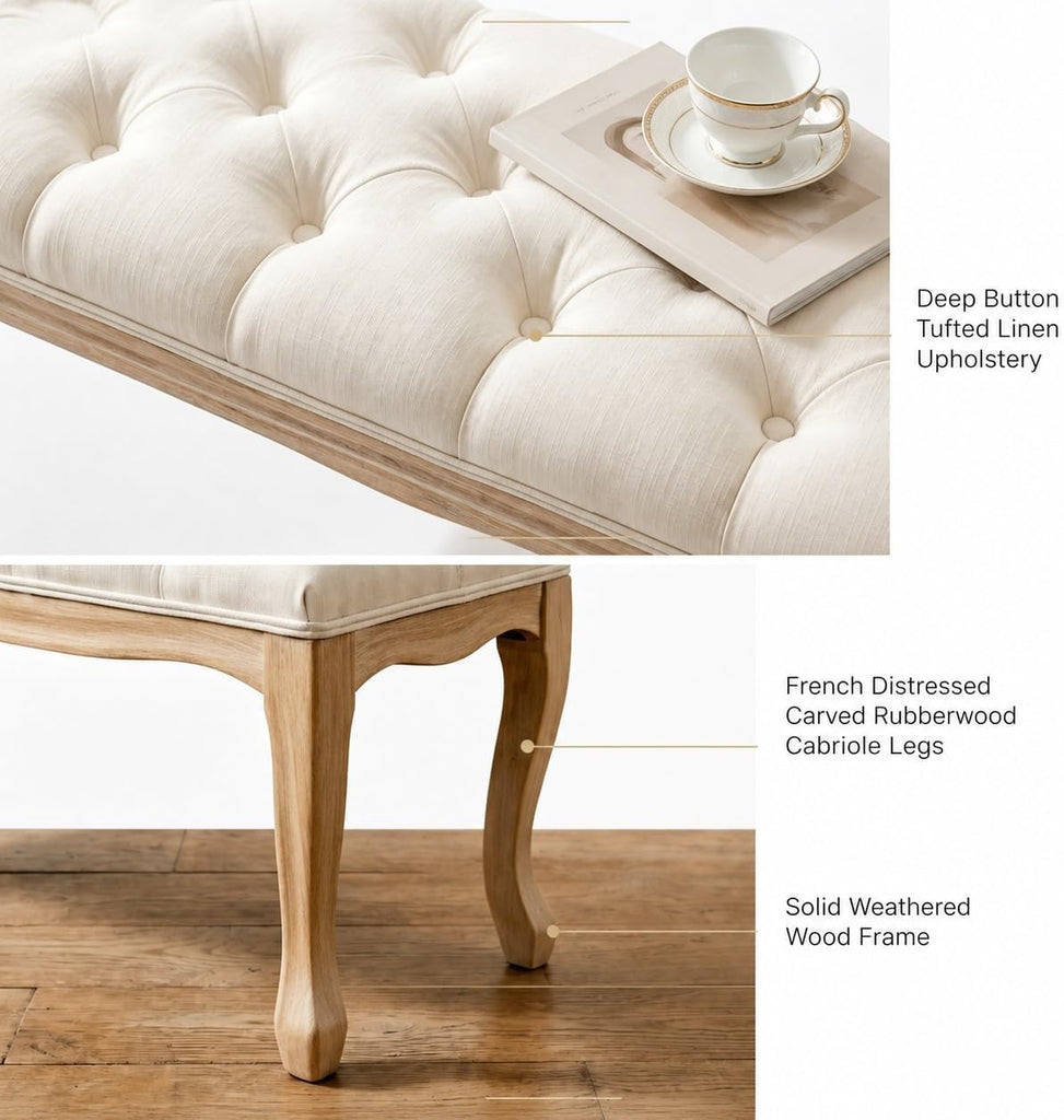 French Vintage Tufted End of Bed Bench, Linen Upholstered | 43.4"L × 15.02"W × 19"H, 330 lbs, Rubberwood legs