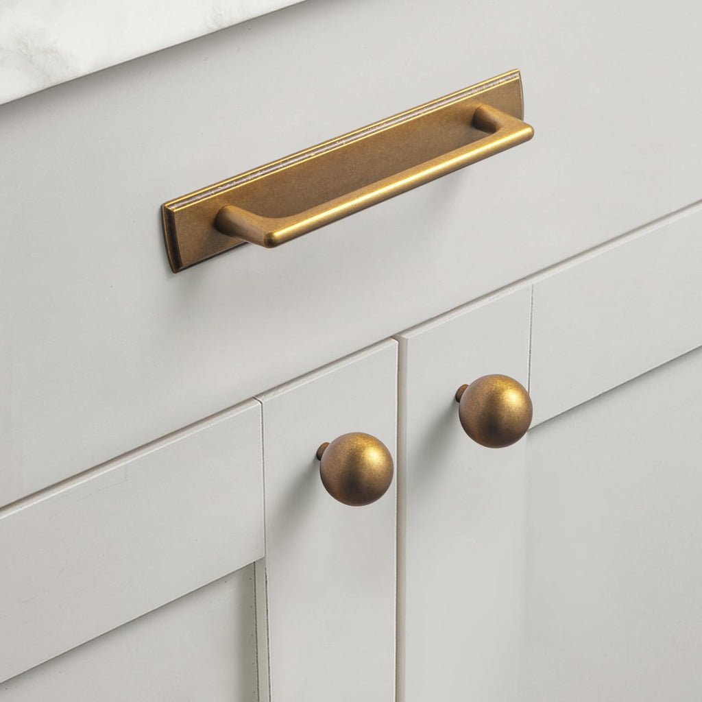 2 Packed Antique Brass Cabinet Pulls with Long Backplate-5''(128MM) Hole Centers Drawer Pulls