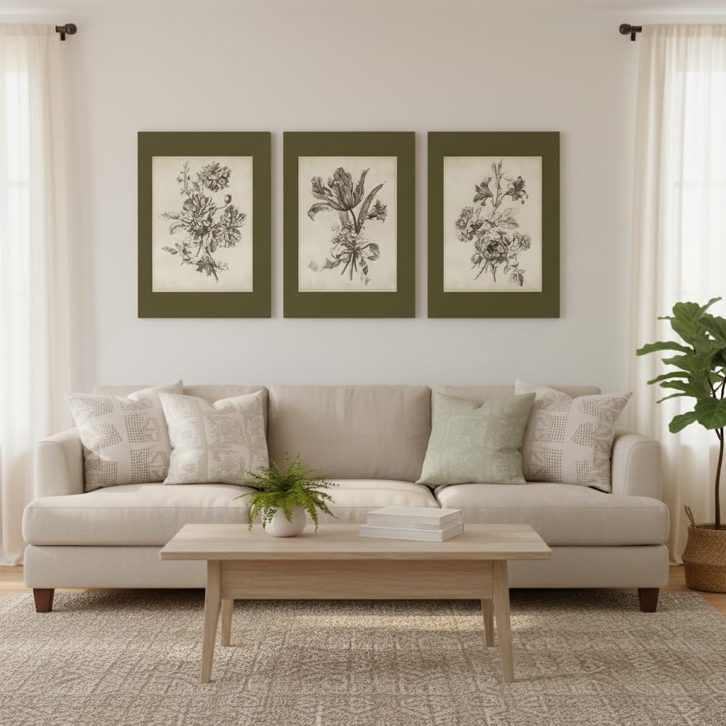 Vintage Botanical Wall Art Set of 3, Olive Green Floral Canvas Prints, Antique Flower Illustrations Bedroom Bathroom