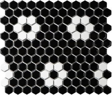 Hexagon Glossy Black and White Flower Porcelain Mosaic Tile - Kitchen Backsplash, Bathroom Wall & Shower Floor Tile