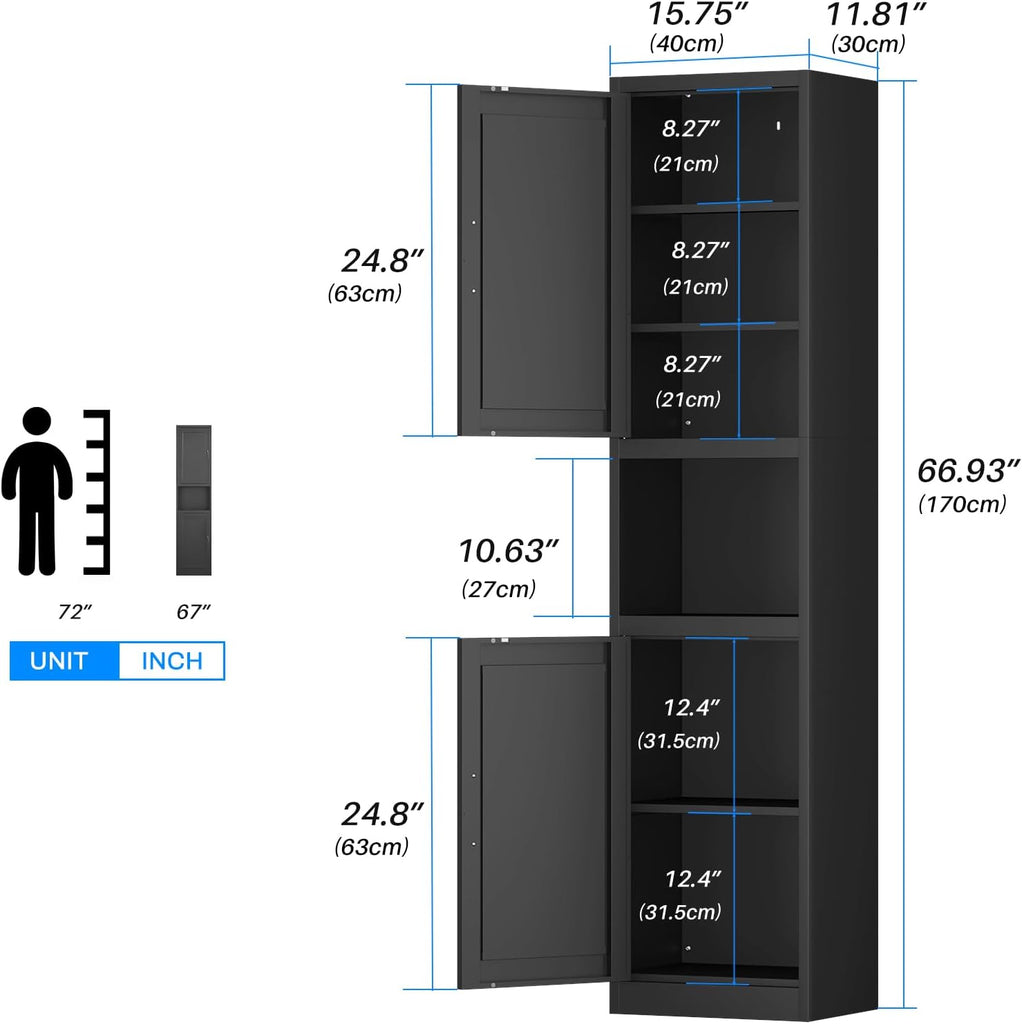 67" Metal Bathroom Storage Cabinet, Black | Tall Narrow Design, 2 Doors & 6 Shelves, Slim Skinny Cabinet, Multi-Room