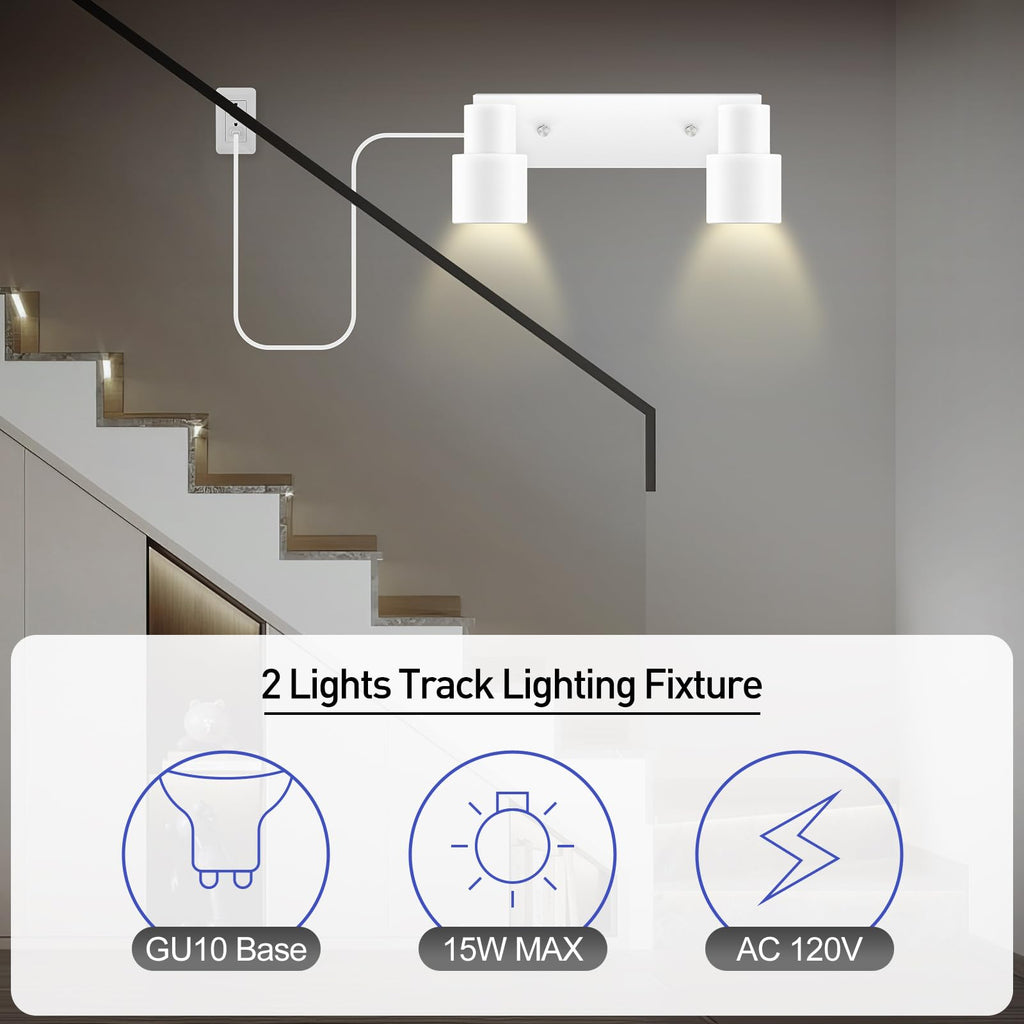 Plug in Track Lighting Fixtures Ceiling, White Track Light LED, 2-Light Track Lights with Cord, 2 Way Ceiling