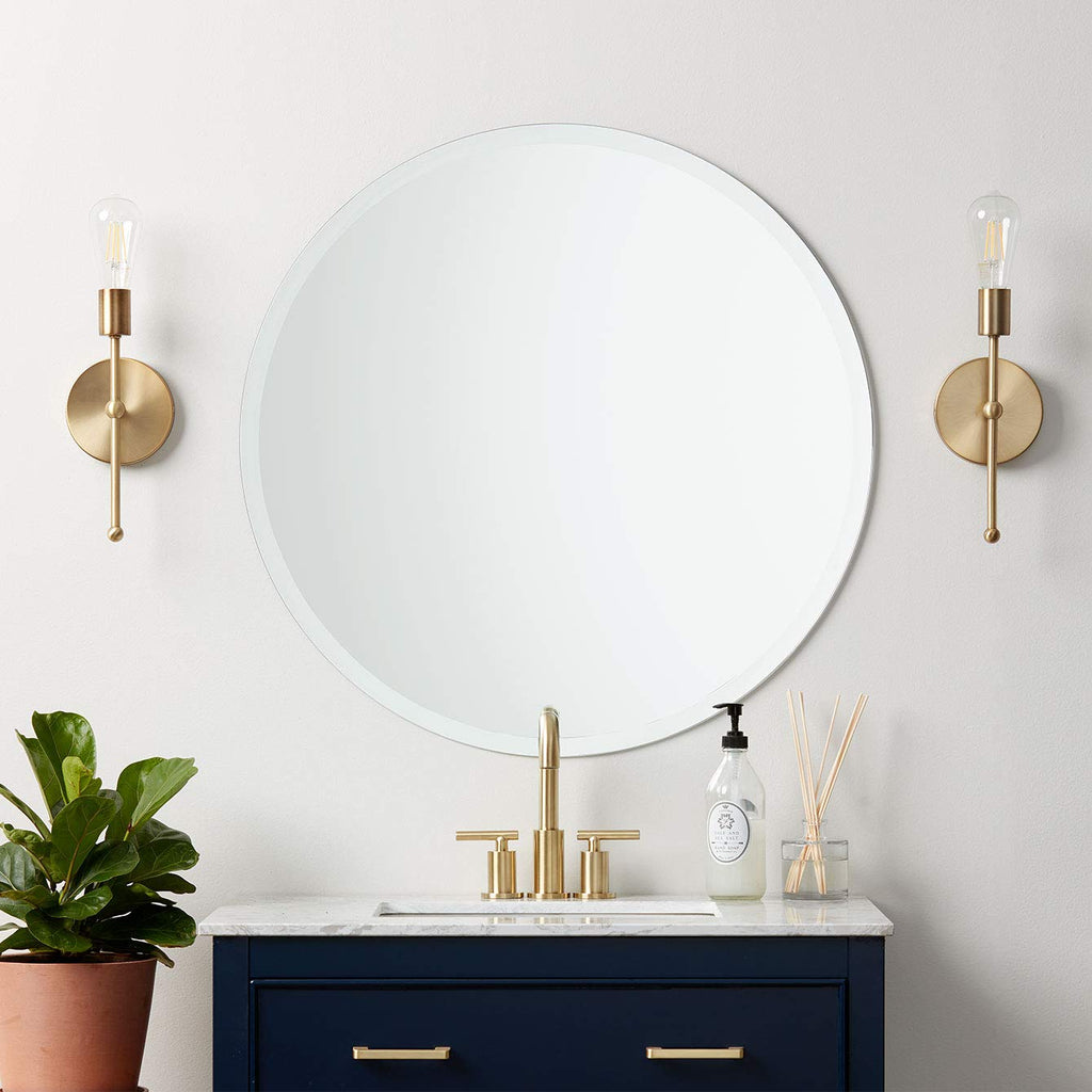 Frameless Round Circle Mirror | 24" x 24" Bathroom Wall Mirror w/Beveled Edge | UltraFlush Hanging System