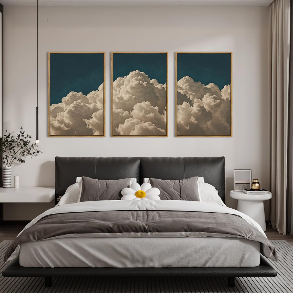 Extra Large Navy Blue Cloud Wall Art 24x36 Inch Framed Abstract Modern Landscape Canvas Wall Decor Minimalist Sky