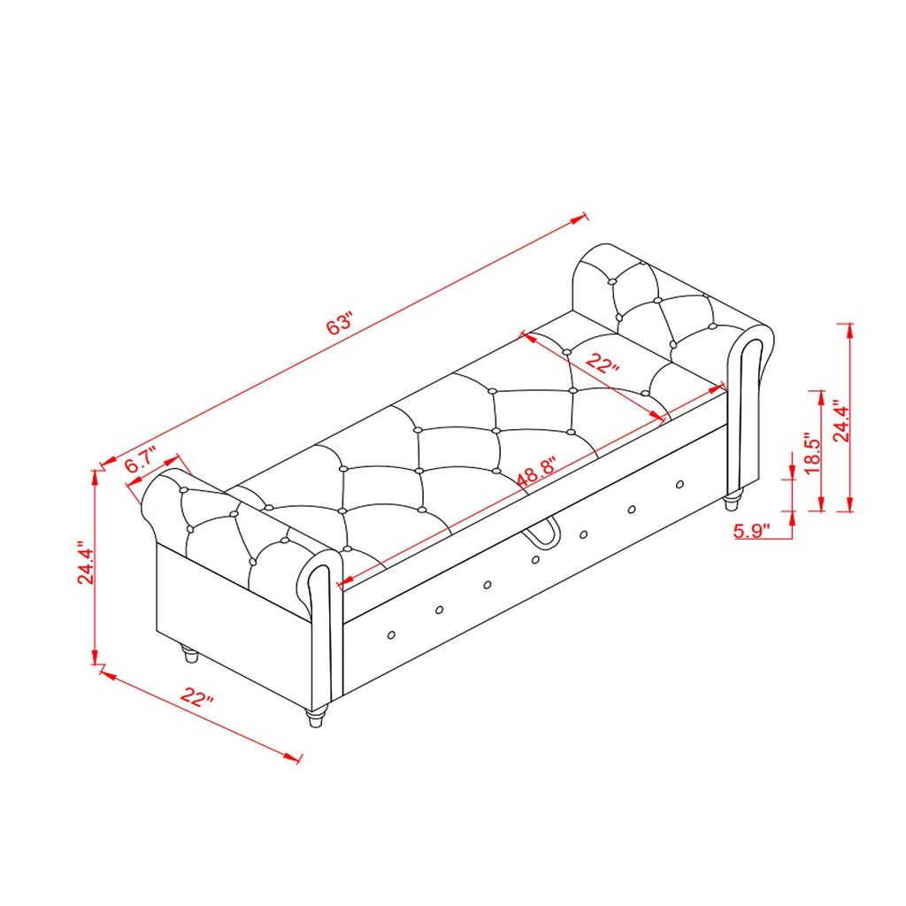 63" Tufted Storage Bench End of Bed, Velvet Upholstered Storage Ottoman Bench, Rolled Arm Window Bench Seat with Solid