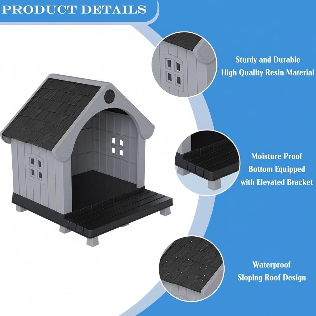 Large Dog House Outdoor, Plastic Weatherproof Dog House with Elevated Floor and Open Front, Easy to Clean & Assemble