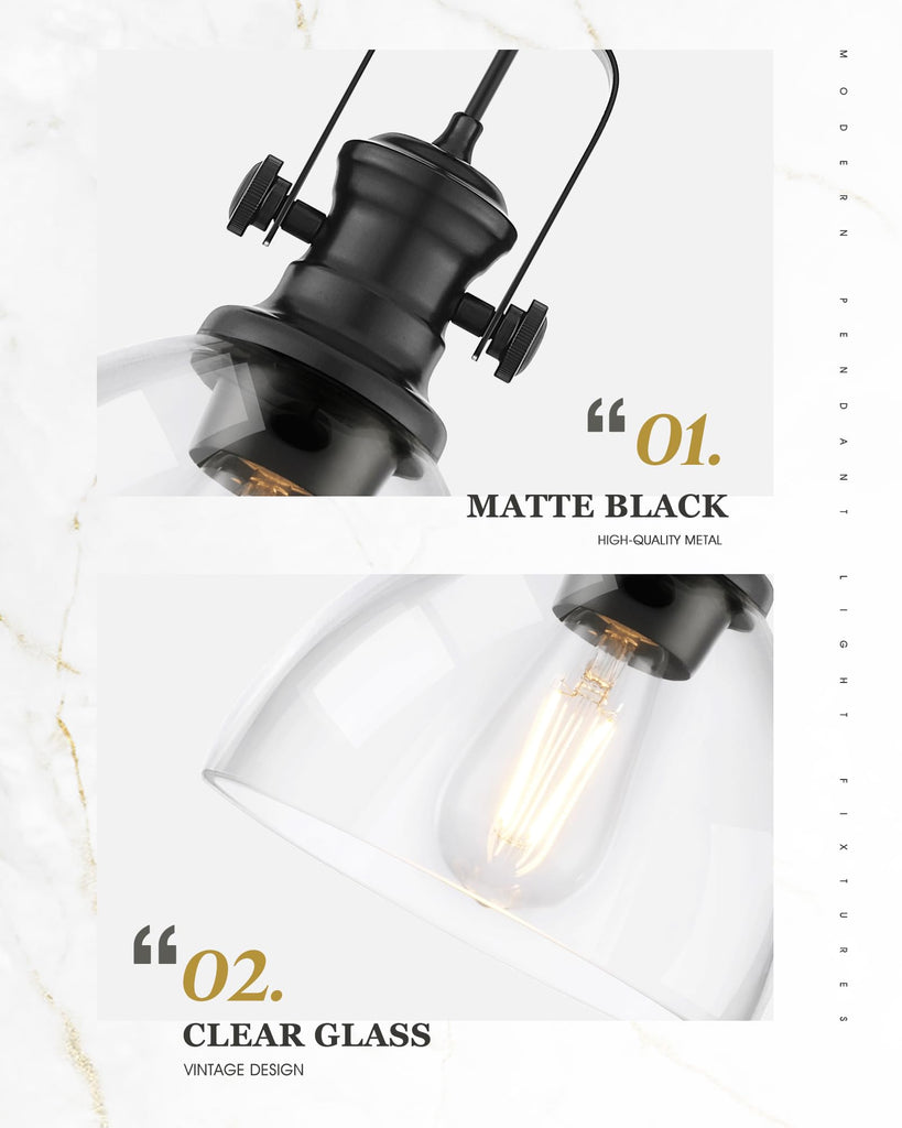 7.5" Matte Black Pendant Lights Kitchen Island, Clear Glass Shade