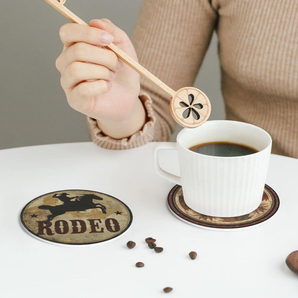 Western Coasters for Drinks with Holder Round Leather Coasters Set of 6 Cups Mugs Mat Pad Kitchen Bar