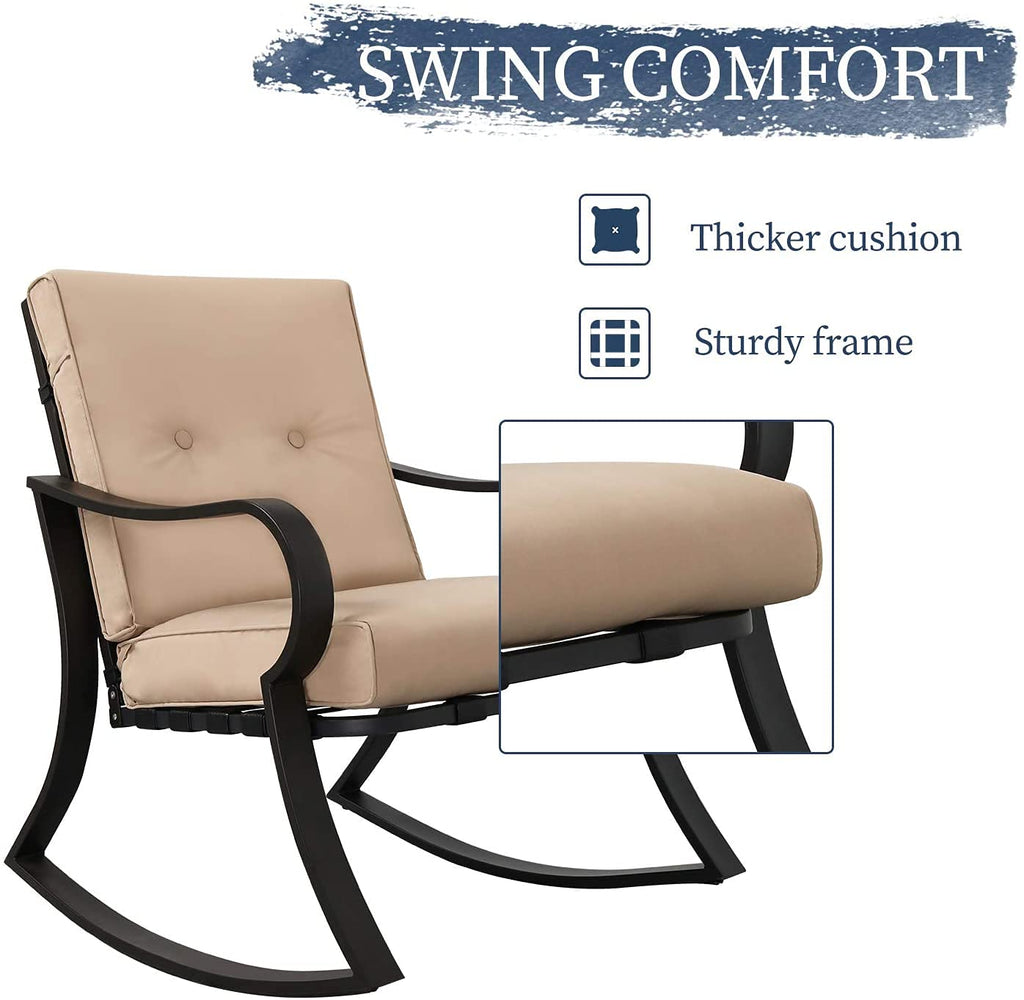 Outdoor Furniture 3 Piece Conversation Bistro Set Rocking Chairs and Glass Top Table, Thick Cushions, Black Steel