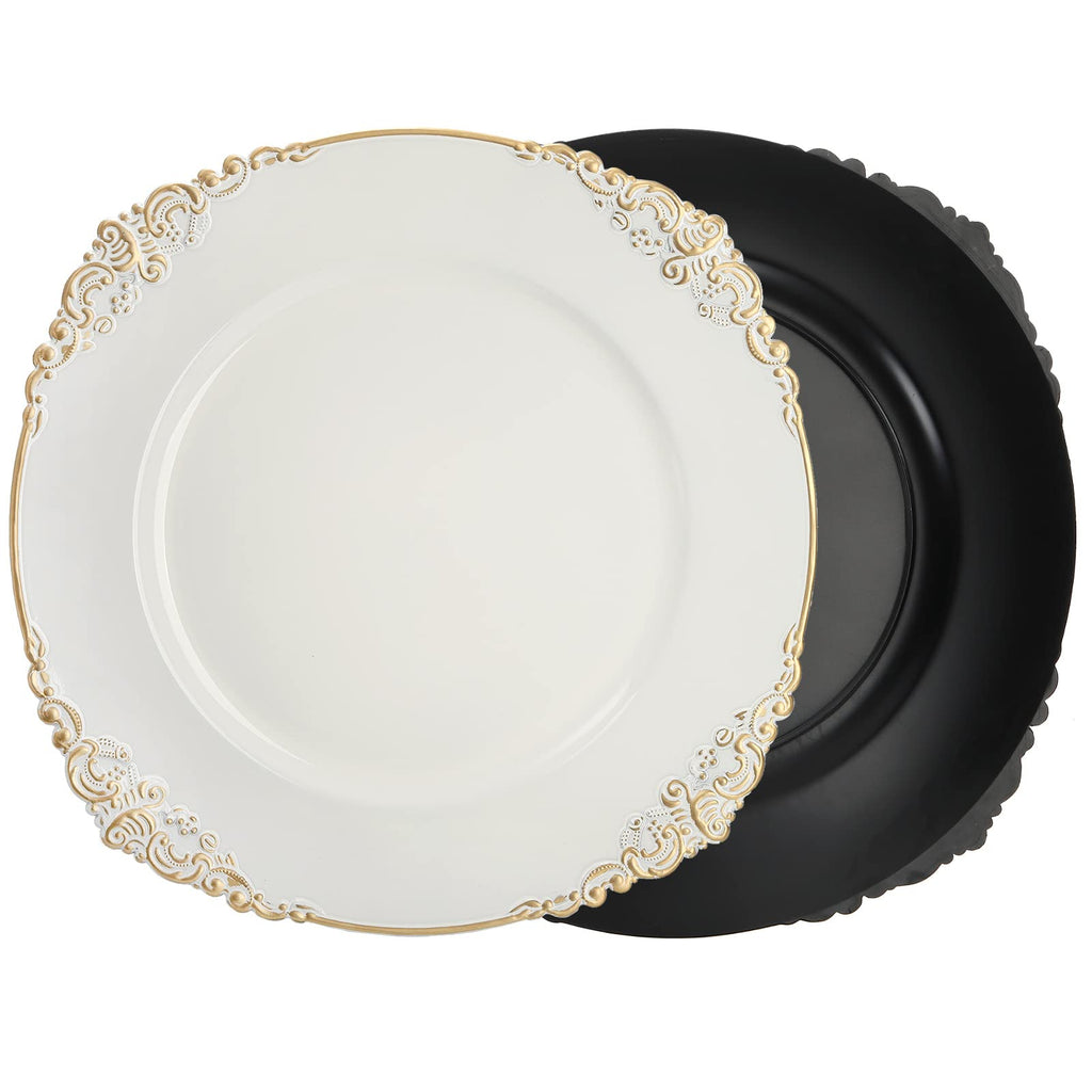 12 Pack Plastic Round Charger Plates, 13" Dinner Charger Dessert Plates with Gold Rim, Vintage Charger Serving Plates