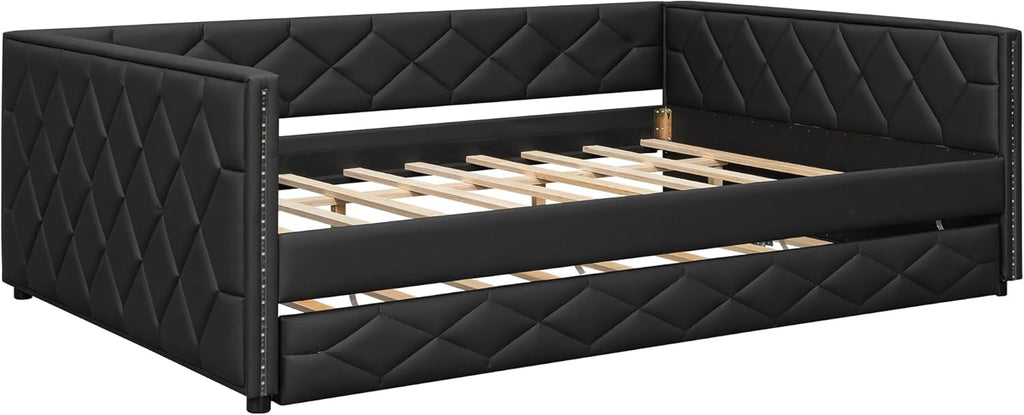 Full XL Size Upholstered Daybed with Pop Up Trundle, Multi-Functional PU Leather Sofa Bed with Backrest and Two