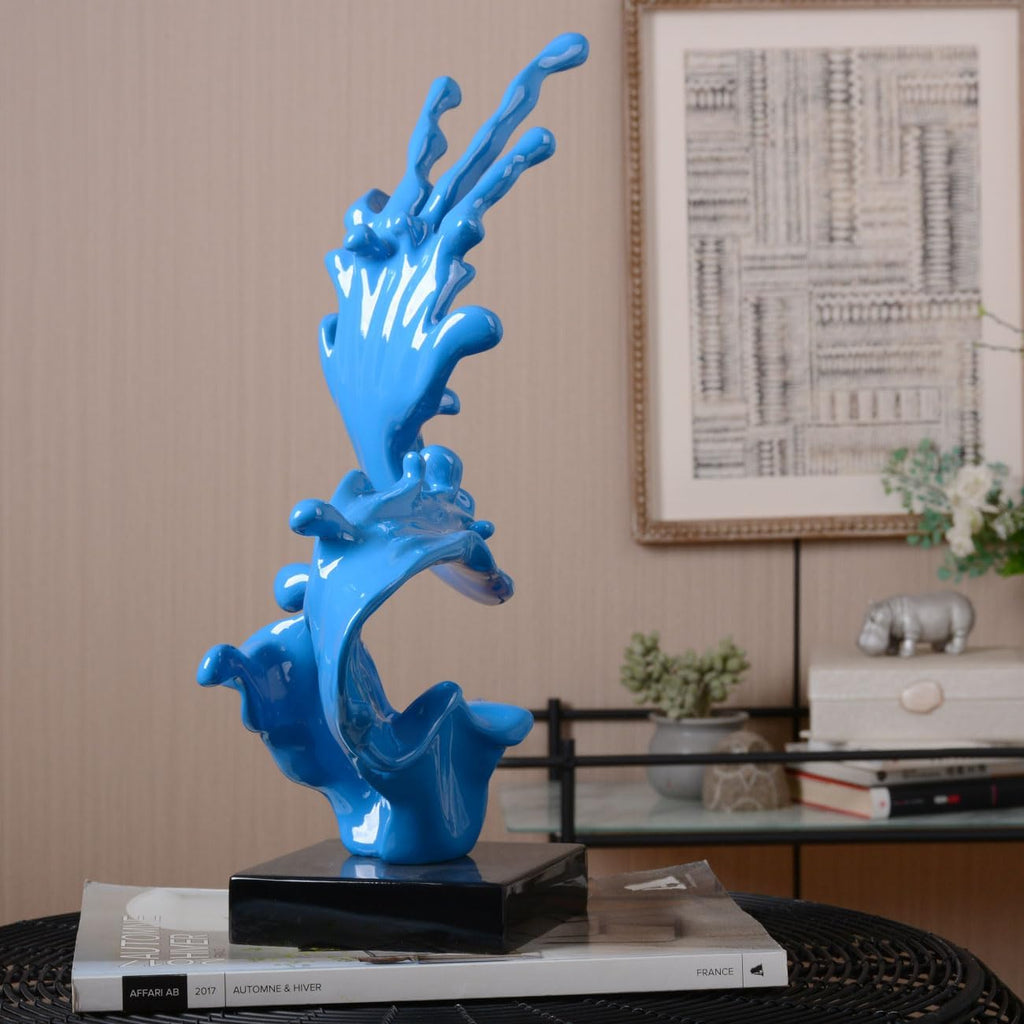 Modern Sculpture Abstract Sea Wave Figurine Home Art Decor 16.1Inch | Blue Resin Handmade Statue with Black Base
