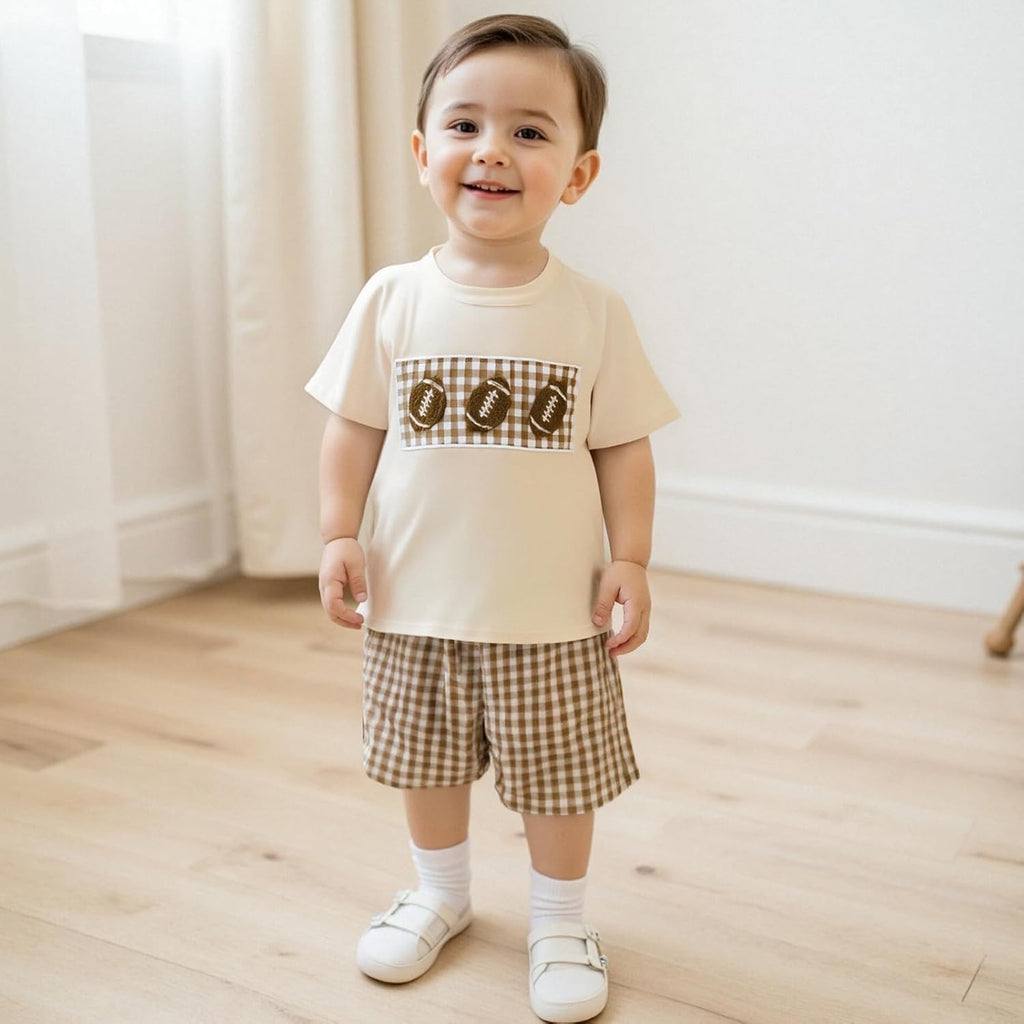 Kids Baby Boy Girl Football Outfit Embroidery Short Sleeve Shirt Plaid Shorts Cute Toddler Clothes Clothing Set