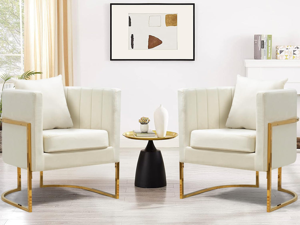 Velvet Accent Barrel Chairs Set of 2, Modern Arm Club Chair Set with Pillow /Bedroom/Guest Reception, Channel Tufted