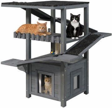 4-Tier Outdoor Cat House Weatherproof Wooden Outside Cat Tree Tower with Ramps, Scratching Post & Enclosed Shelter